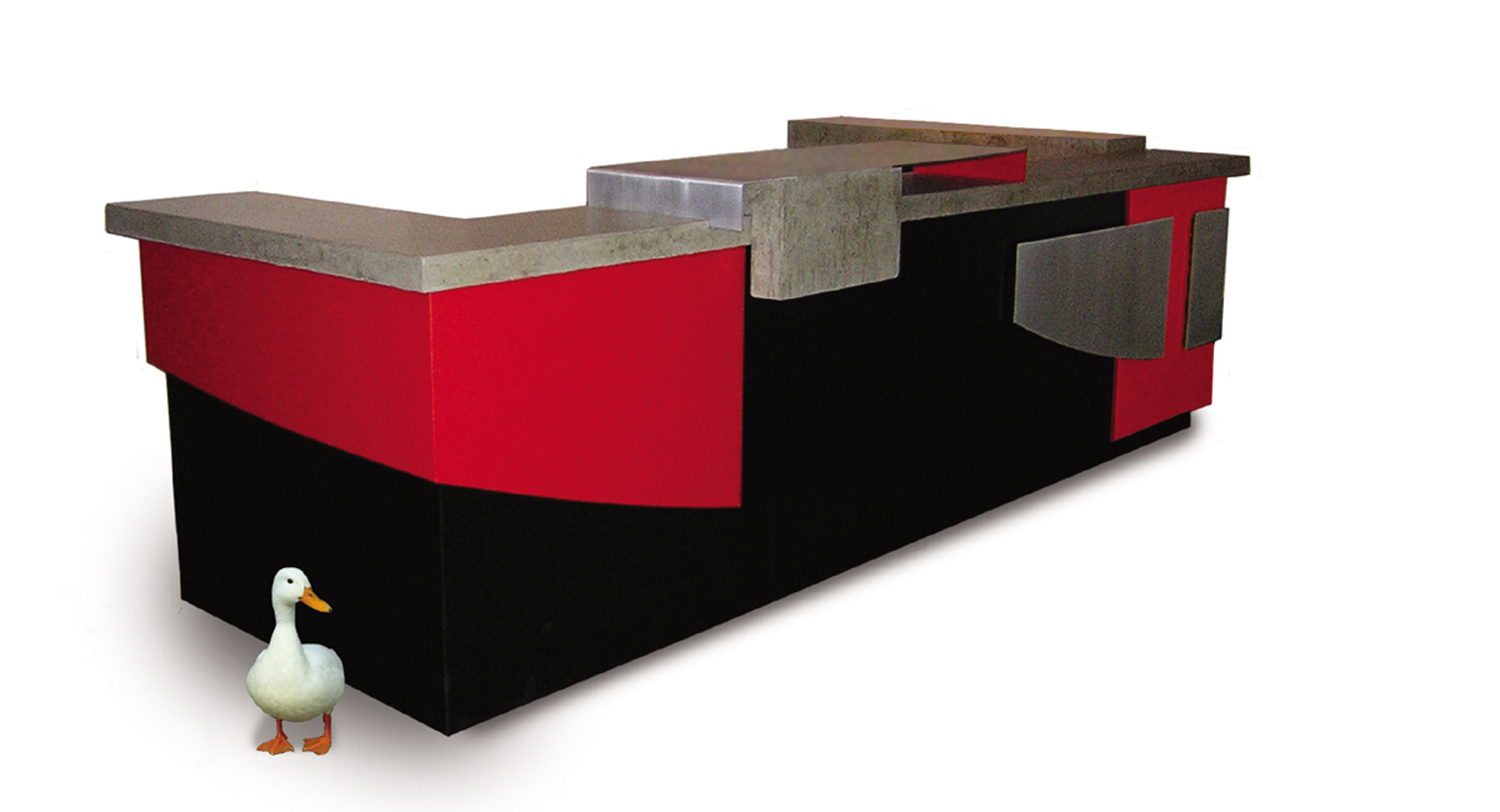 Contemporary reception desk built with mdf, steel, concrete, and aluminum. Colors are red and black and natural concrete and natural aluminum. Very European looking. Built for Europeans, in fact. Duck not included.