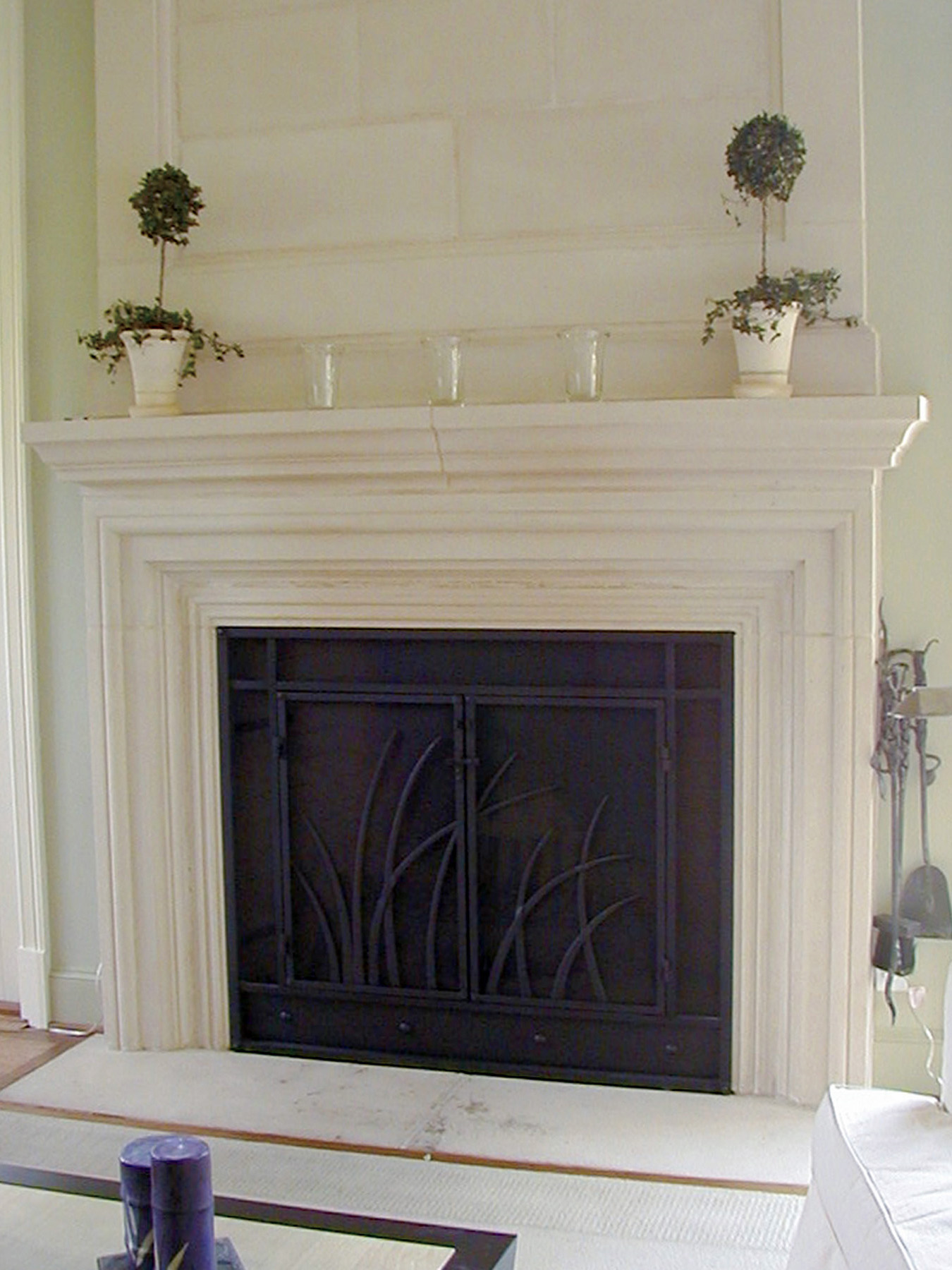 Fireplace screen built with forged steel. Features fountain grass detail, double doors, and custom door latch.