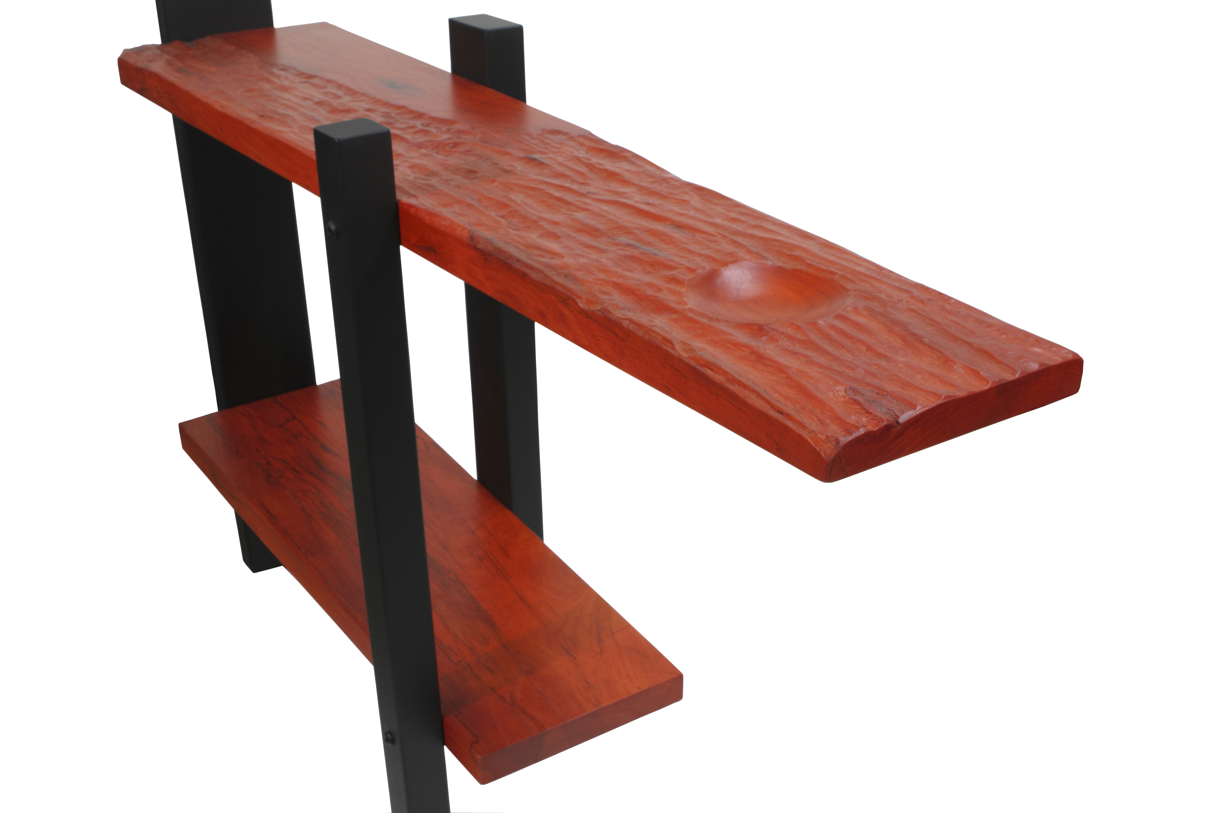 Contemporary table built with spalted pecan and steel. The scalloped texture and the shallow bowl were sculpted by hand at Ironwood Industries.